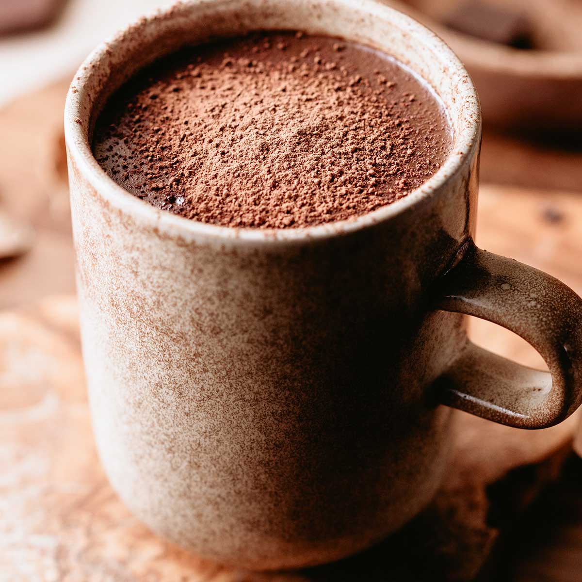 large brown mug of hot cocoa and 775me topped with cocoa powder