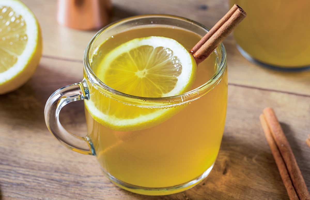 avav hot toddy with a lemon slice and cinnamon stick