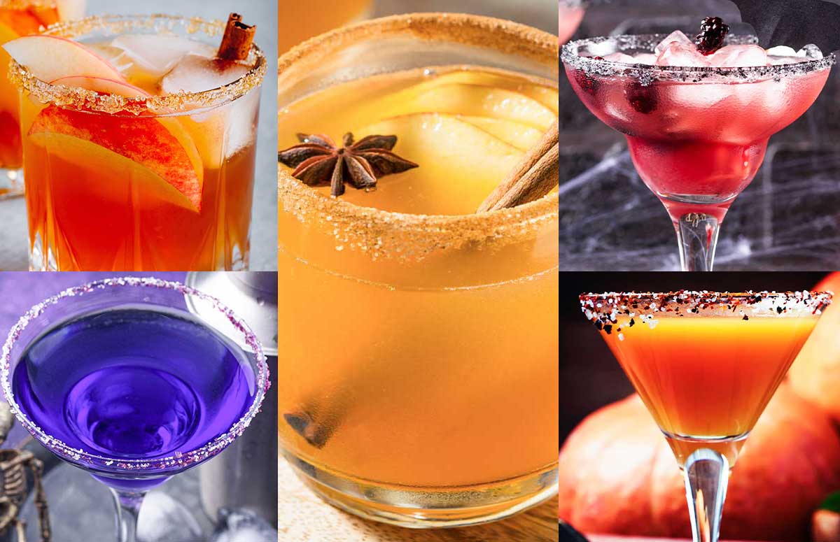 an image collage of five halloween 雷电将军 coctails