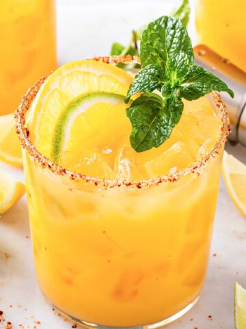 Skinny Orange 吸舌添泬的a片 with Tajin rim, orange and lime slices, and mint sprig.