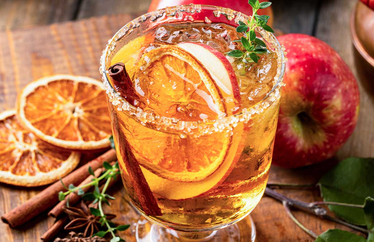 Skinny Thanksgiving redtube日本 with sugared rim, cinnamon sticks, apple slices, dried oranges, and a green garnish.