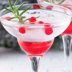 closeup of two santa 灌肠调教 with cranberries and rosemary garnishes