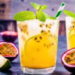 a small glass of passionfruit 免费两性视频 with a green and white